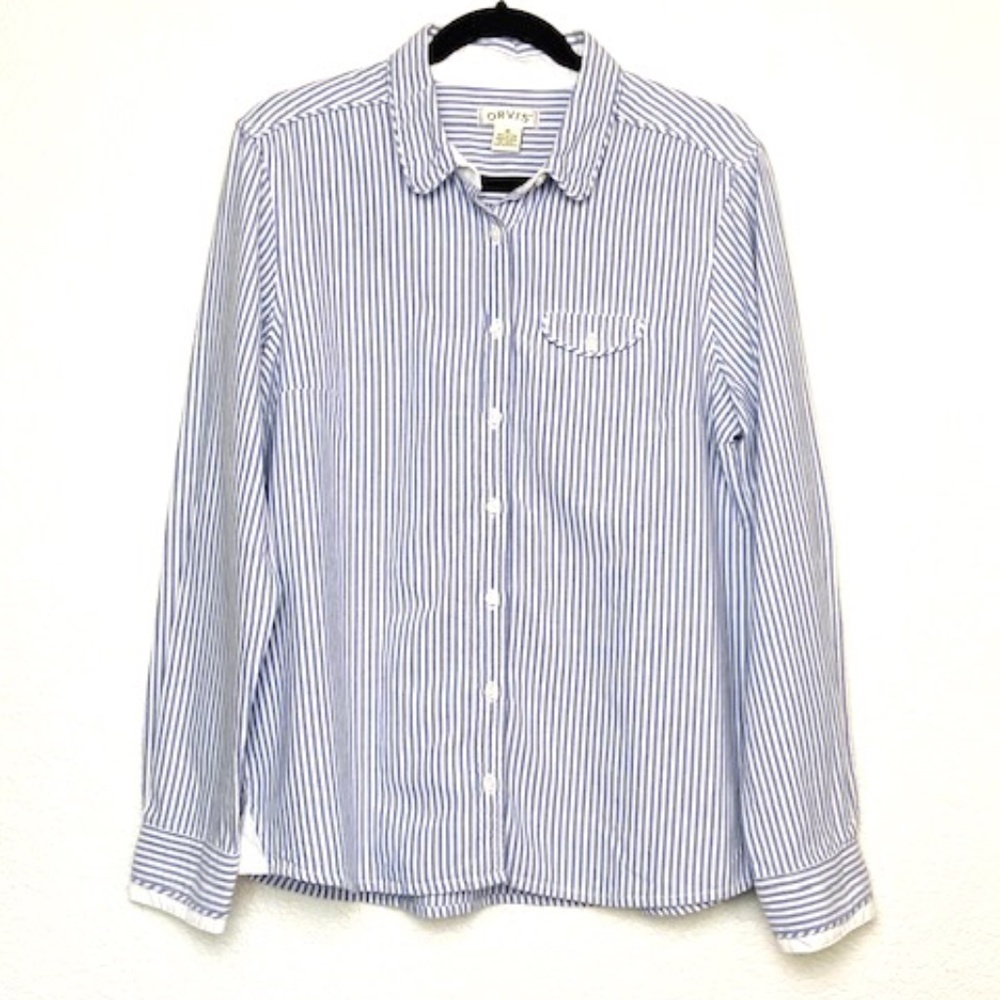 ORVIS Womens Blue White Pin Stripe Collared Top 14